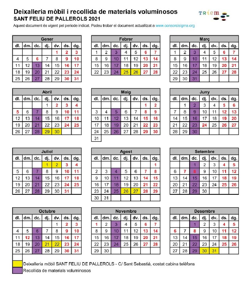 Calendari Servei Deixalleria Mòbil 2021